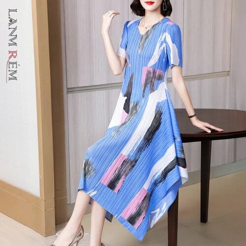 LANMREM Pleated Printed Irregular Dress Stitching Color 2021 Summer Dresses New Fashion Loose Ladies Clothing 2D3986