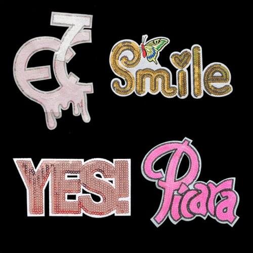 T-Shirt Mens And Womens Patch Color Gold Red Sequin Letter Punk Smile Yes Clothing Sticker DIY Clothing Sticker Badge