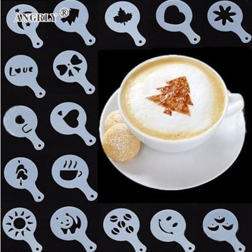 ANGRLY New 16pcs Plastic Fancy Coffee Printing Model Cafe Foam Spray Template Barista Stencils Decoration Tool