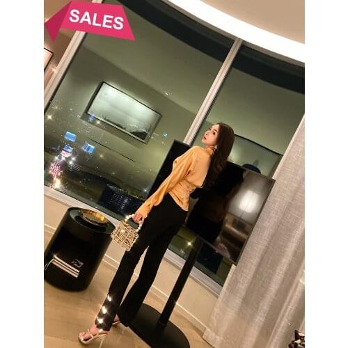 New elegant spring and summer drooping micro Capris high waist slim split Black Wide Leg Pants