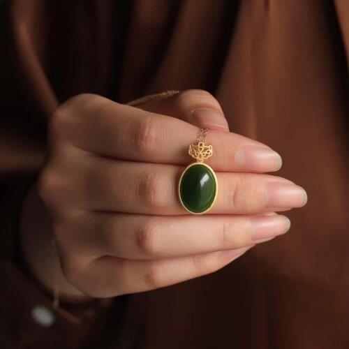 Original Retro Style S925 Sterling Silver Gilding Vintage Buckle Inlaid Natural Jasper Egg Noodle Pendant Gifts for Girlfriend