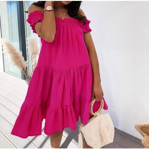 Summer Dress Womens Clothing 2021 A-Line Dresses Ruffles Slash Neck Short Sleeve Loose Mini Dress For Women Vestidos Femme Robe
