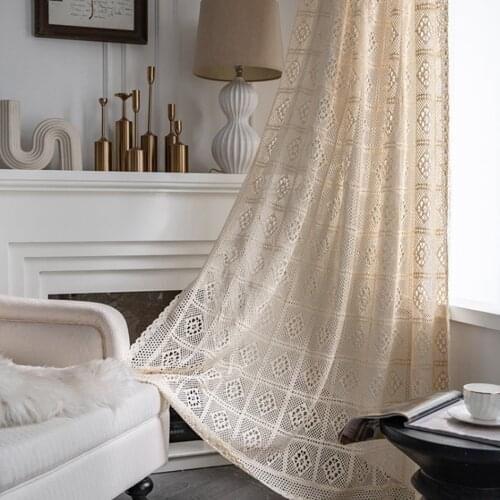 Beige Retro Transparent Hollow Curtain Crochet Hook Flower North American Country Fabric French Window Simple Curtain Decoration
