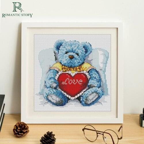 Romantic Story Cross Stitch Set Beginners Needlework Embroidery Childrens room cartoon blue plush bear for Cross-stitch kits