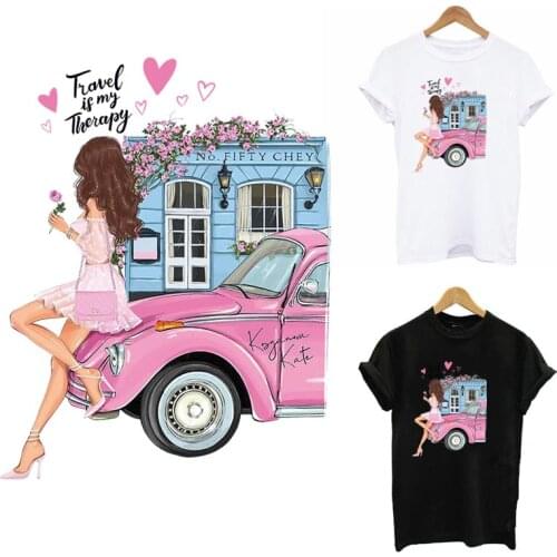 Happy Travel Iron On Patches For Clothing DIY A-level Washable Thermal Heat Transfer Sticker On Clothes Fashion Girl Appliqued