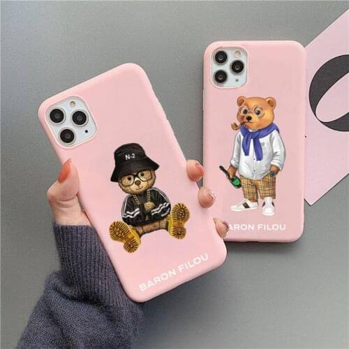Cute BEAR Design Barons Phone Case For iphone 12 11 Pro Max Mini XS 8 7 6 6S Plus X SE 2020 XR Matte Candy Pink Silicone cover