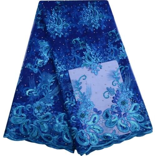 Blue High Quality Nigerian Lace Fabrics 2018 With Beaded African French Net Lace Fabric Embroidered Tulle Mesh Lace Fabric 986