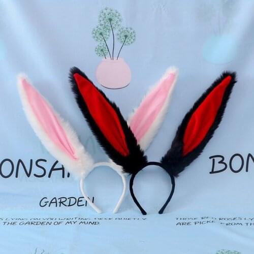 Female Girls Lolita Cosplay Headband Fluffy Plush Sweet Long Rabbit Bunny Ears Bandana Hair Hoop Cartoon Anime Headpiece