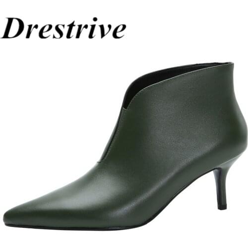 Drestrive 2021 Elgant Winter Shoes Pointed Toe Cow Leather Women Ankle Boots Office Dark Green Thin High Heel Shoes