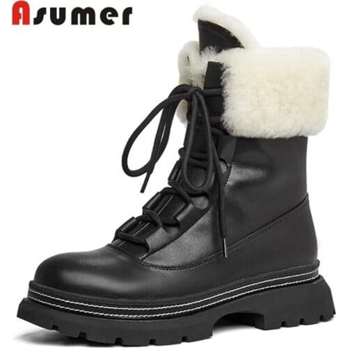 Asumer 2020 hot sale casual flat shoes women genuine leather ankle boots lace up comfortable warm winter snow boots woman