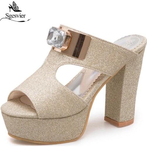 SGESVIER 2018 Summer Thick High Heel Sandals Fashion Sexy High Heels Platform Sandals Causal Silver Flip flops Shoes Woman OX382