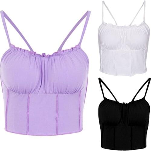 Women Sleeveless Crop Top Ruffled Solid Color Camisole Ruched Bust Slim Vest F3MD