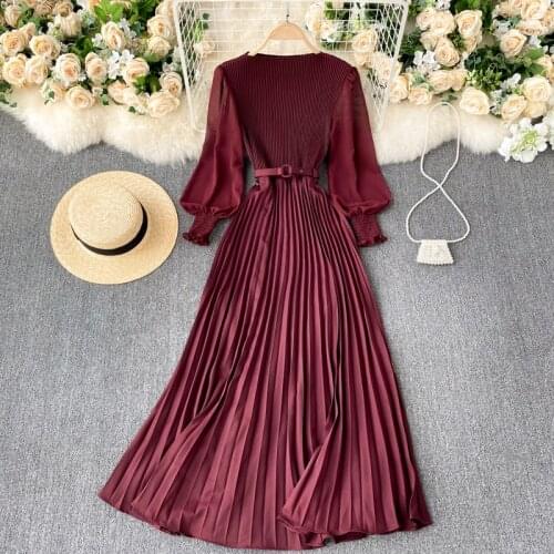 Autumn Fashion Streetwear Long Dress French Pleated Maxi Dress Women Elegant O-Neck Long Sleeve A-Line Dress