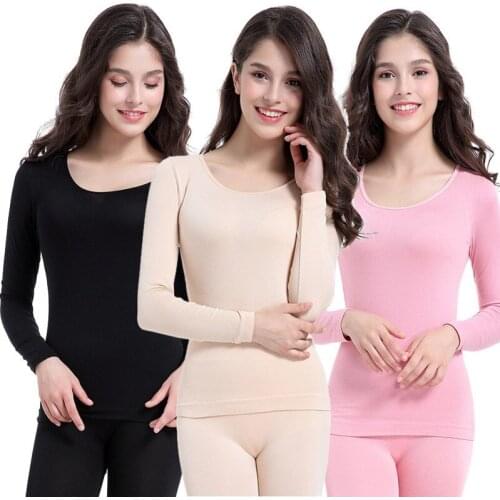 2021 Womens Thermal Seamless Thermo Lingerie Set For Slim Round Neck T-shirts Cotton Autumn Winter Clothes Warm Suit Underwear