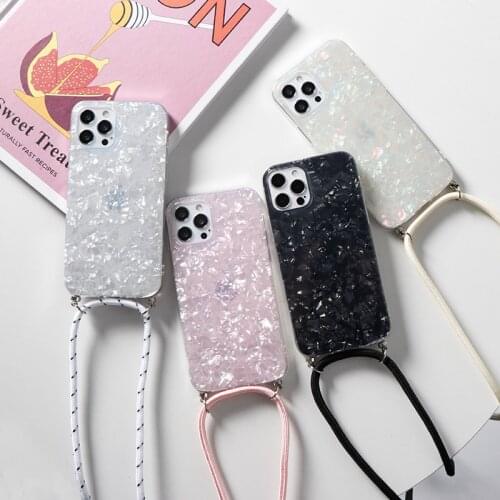 Glitter Dream Shell Pattern Case For iPhone 12 11 11Pro Max XR XS Max X 8 7 6S Plus 5 Soft IMD Necklace Lanyard Strap Cord Cover