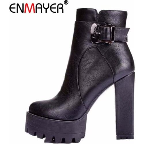 ENMAYER Winter Women Boots Buckle Round Toe High Square Heel Ankle for Platform Big Size 34-42
