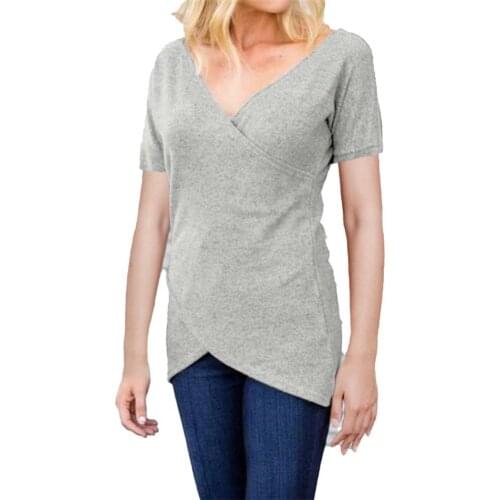 New Ladies Harajuku Slim T-Shirt Asymmetric Side V-Neck Polyester Not See Through Summer Tops for Daily Life Streetwear