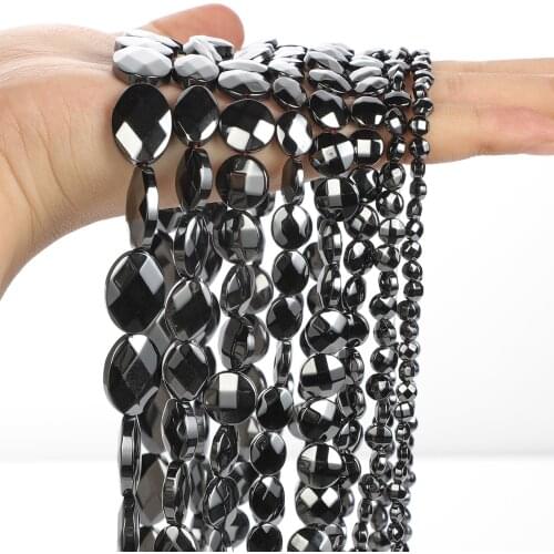 Faceted Round Black Hematite Natural Stone Beads Oval Loose Spacer Beads for Jewelry Making DIY Bracelets Necklace Accessories