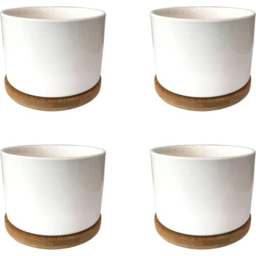 Ceramic Flower Planter Succulent Basin With Bamboo Tray White Ceramics 4packs Home Garden Decor Morden Pattern Flowers Pot