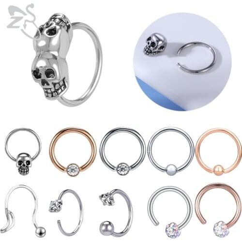 ZS 1PC Skeleton Crystal Nose Ring With CZ for Women Stainless Steel Round Septum Clicker Ear Tragus Cartilage Daith Piercing 8MM