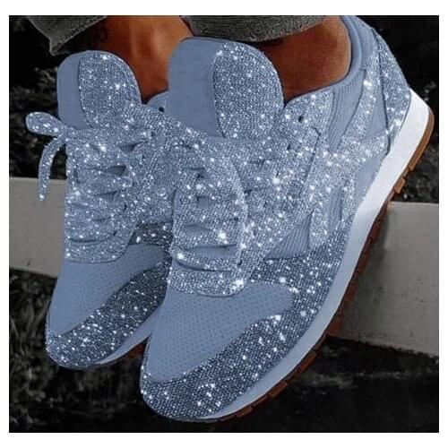 Women Casual Glitter Shoes Mesh Flat Shoes Ladies Sequin Vulcanized Shoes Lace Up Sneakers Outdoor Sport Running Shoes