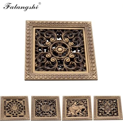 12*12 Square Floor Drain Antique Retro Carved Bathroom Toilet Shower Drain Cover Invisible Anti-Odor Drain Strainer WB9010