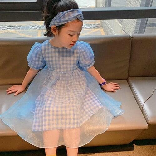 2021 Summer Girls Sweet Plaid Dress with Headband Baby Kids Children Clothes