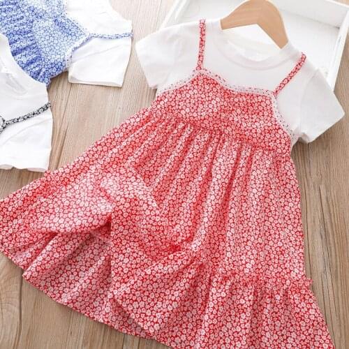Summer Girls Fake Two-piece Floral Dress Korean Cake Dress Childrens Dress Princess Dress for Girls Wholesale Bulk Clothes