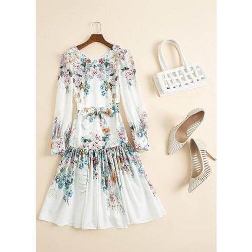 Summer 2020 Fashionable Short-term lady’s Dress with Crew Neck Floral Print Zippers Paneled Ruffles