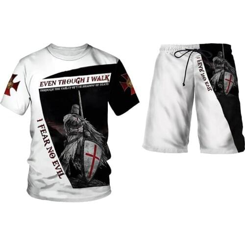 Men Fashion Two Pieces Sets T Shirts+pants Suit Men Summer Tops Tees Casual 3D Knights Templar Print Tshirt funny board shorts