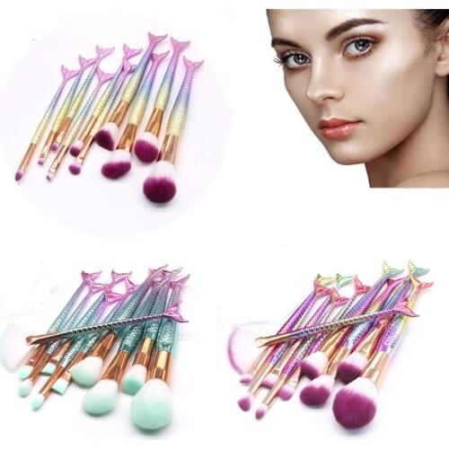 New 10pcs makeup set,Soft Mermaid shape Cosmetics Brush set,High Quality Plastic Handle Brushes kit,Fiber Brush Head for Makeup