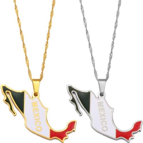 Anniyo Mexico Map Colored Flag Pendant Necklace for Women Girls Mexican Maps Jewelry #251521