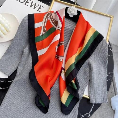 Luxury Scarf Women Square Silk Neck Hairband Foulard Female Horse Print Neckerchief Bandana Lady 2021 Spring Shawl Wrap