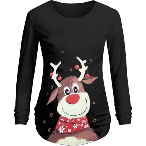 Pregnant Woman Christmas Long Sleeve Womens Print Christmas Side Ruched Maternity Top Pregnancy Out Clothes Pregnant T Shirts#L