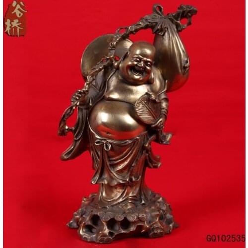 Chinese Religious Handmade Brass Wealth Bag Monk Happy Laughing Maitreya Buddha Statue