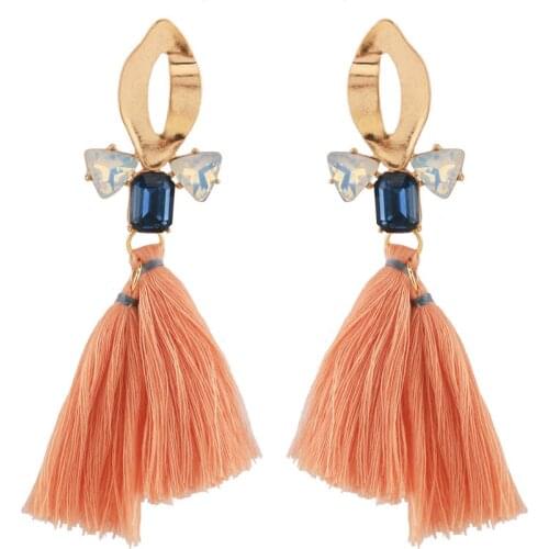 Bohemia Style Hyperbole Crystal Drop Earrings For Women Vintage Orange Cotton Thread Tassel Earrings