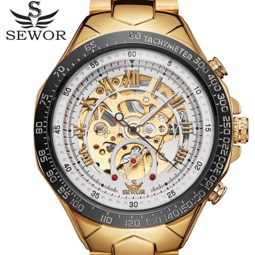 SEWOR New Number Sport Design Bezel Golden Watch Mens Watches Top Brand Luxury Montre Homme Clock Men Automatic Skeleton Watch