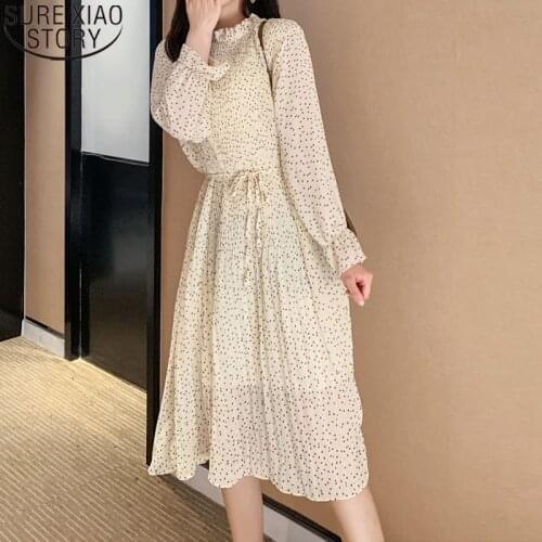 Mid-calf Chiffon Dress Long Sleeve Dress Women Dresses Autumn and Winter 2021 Floral Dress Loose Pleated Party Dresses 7151 50