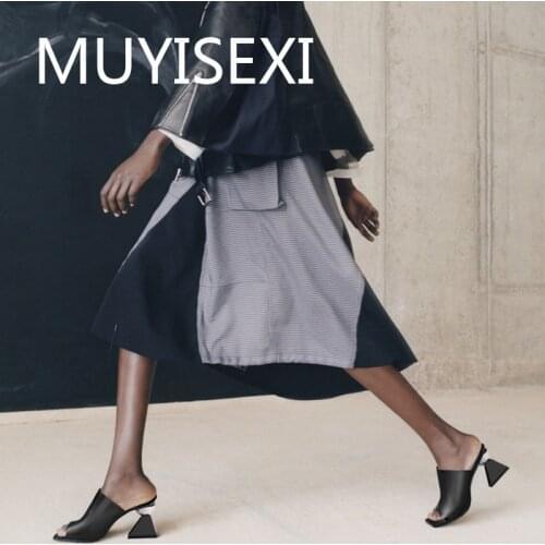 Slipper summer natural leather 7cm high heel square peep toe mules solid young ladies sandals women shoes HL252 MUYISEXI