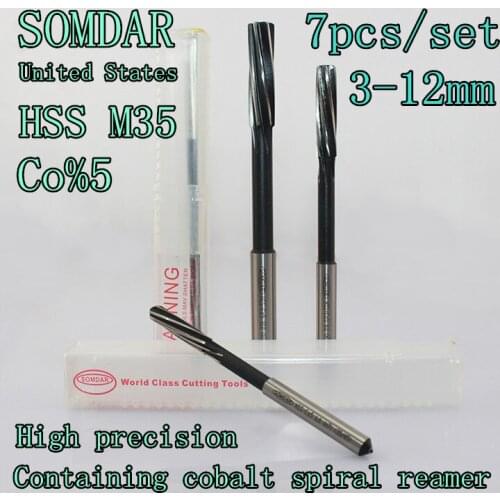 3*4*5*6*8*10*12mm 7 pcs/set United States SOMDAR HSS CO%5 M35 Containing cobalt spiral reamers Precision H7