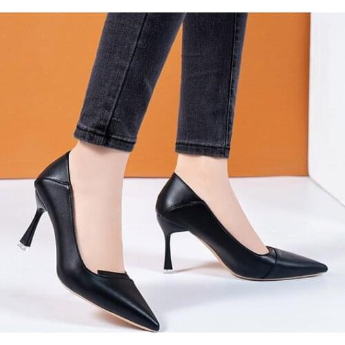 8cm Women Pumps Pointed Toe Slip on Boat Shoes Thin Heels Dress Shoes Black Ladies Shoes Zapatos Mujer Stilettos Spring 9337L