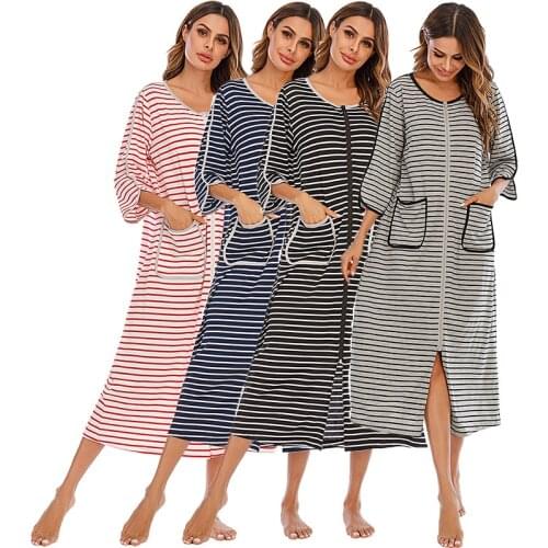 Witbuy Women Long Sleepwear Soft Zipper Front Robes Autumn Nightgown Warm Striped Kimono Loungewear Maternity Bathrobe Pajamas
