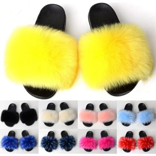 Fur Slippers Women Fox Fur Slides Home Furry Flat Sandals Female Cute Fluffy House Shoes Woman Brand Luxury 2021