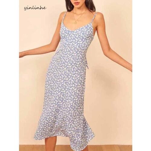 Yinlinhe Vintage Blue Dress Women Backless Summer Dress Bow Tied Slim Show Thin Long Dress Holiday Outfits French Style 1542