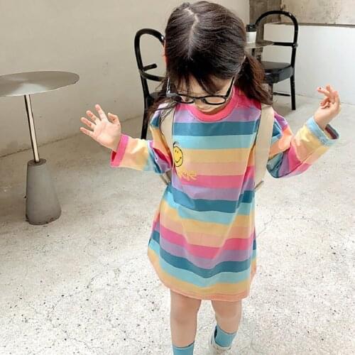 2020 Girl Autumn Smile Stripe Dress Baby Kids Children Clothes