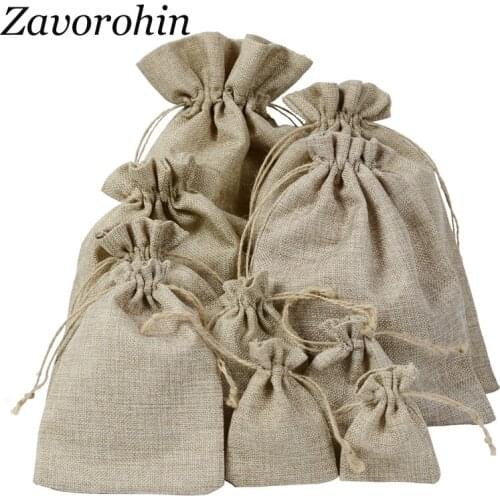 50Pcs/lot 7*9, 8*11, 9*12, 10*15cm Retro Burlap Jute Linen Drawstring Gift Bag Pouch For Jewelry Gift Packaging Bags Custom Logo