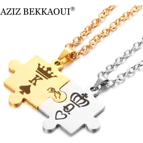 AZIZ BEKKAOUI Letters K & Q Couple Necklaces with Crown Stainless Steel Tag Pendant Necklace King & Queen Dropshipping