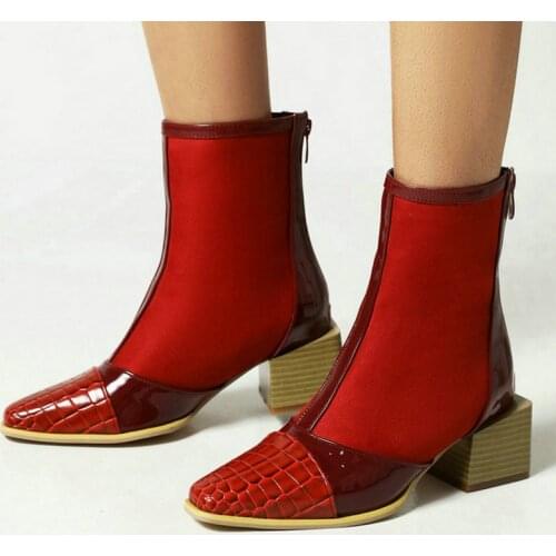 Black Blue Red White Women Ankle Boots Comfortable Square Heel Round Toe Ladies Short Boots Dress Back Zipper Womens Boots