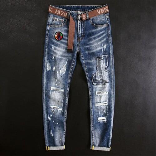 European American Street Fashion Men Jeans Retro Blue Elastic Slim Fit Ripped Jeans Men Patchwork Designer Hip Hop Denim Pants