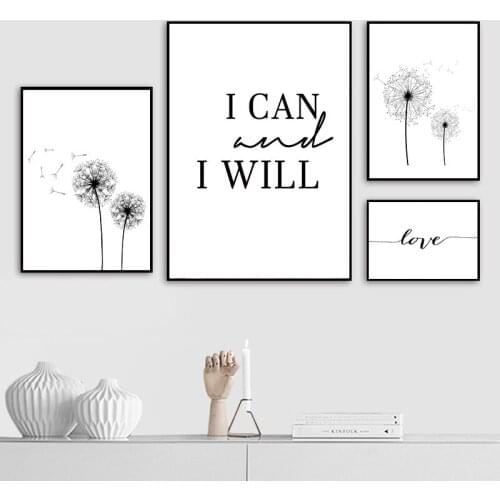 Nordic Minimalist Abstract Dandelion Art Painting Canvas Prints Black White Love Quotes Posters Wall For Living Room Decor AL144